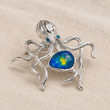 Blue-Green Enamel Octopus Brooch Pendant in Sterling Silver