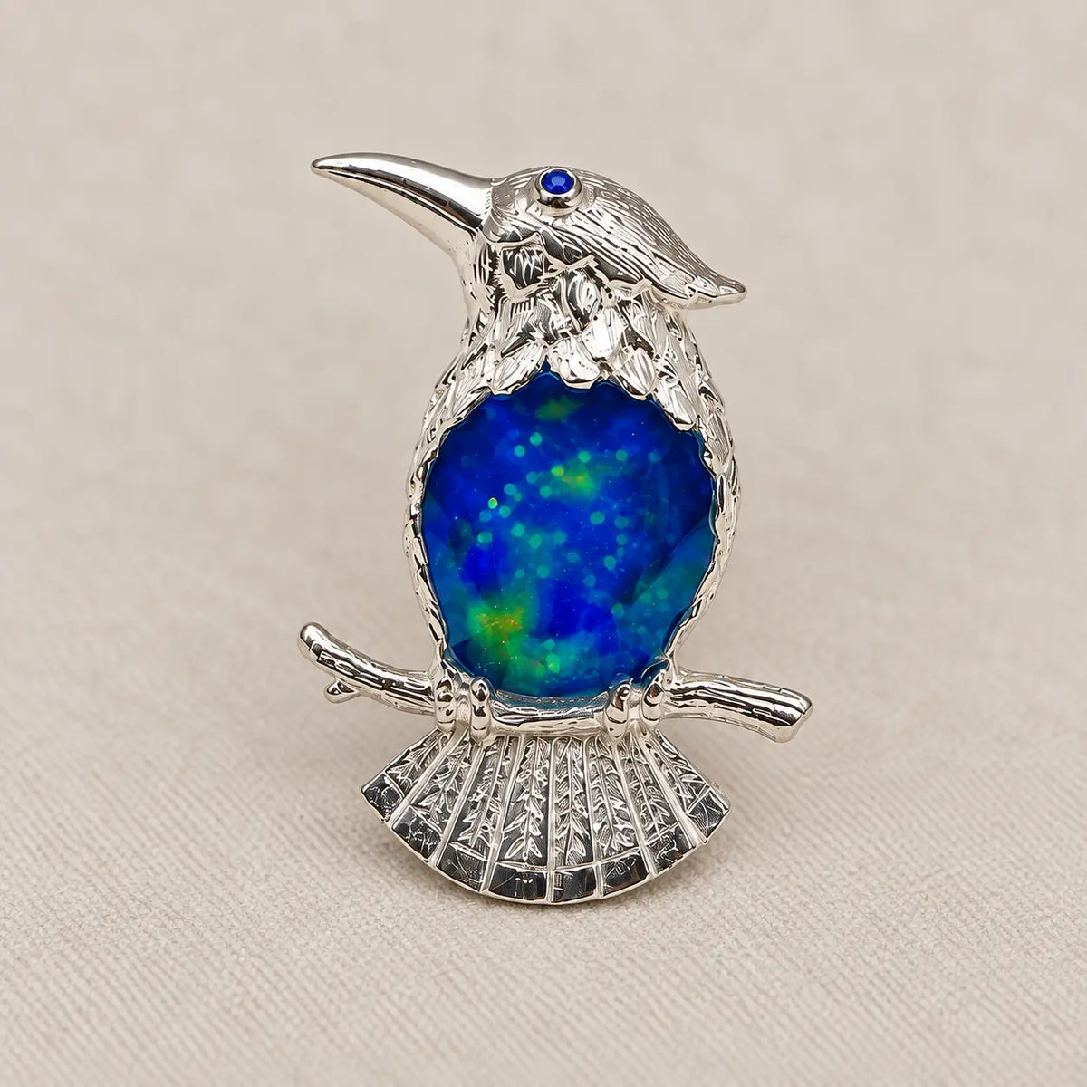 Blue Enamel Bird Brooch Pendant on Branch in Sterling Silver
