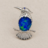 Blue Enamel Bird Brooch Pendant on Branch in Sterling Silver