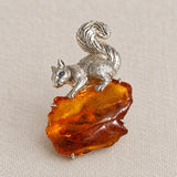 Amber Squirrel Brooch Pendant in Sterling Silver