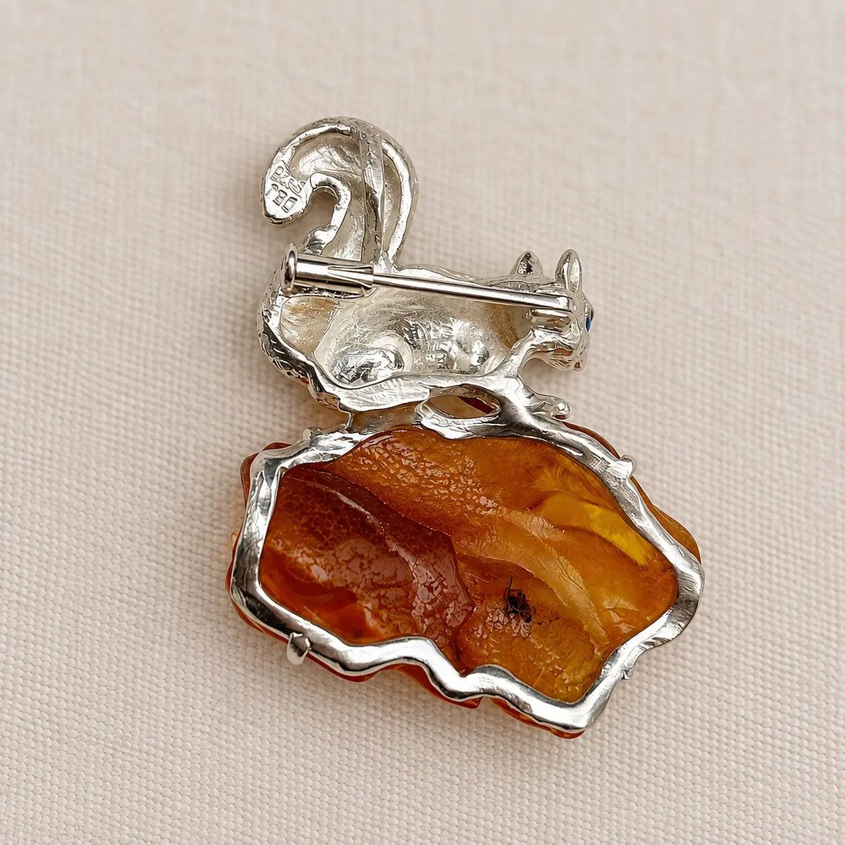 Amber Squirrel Brooch Pendant in Sterling Silver