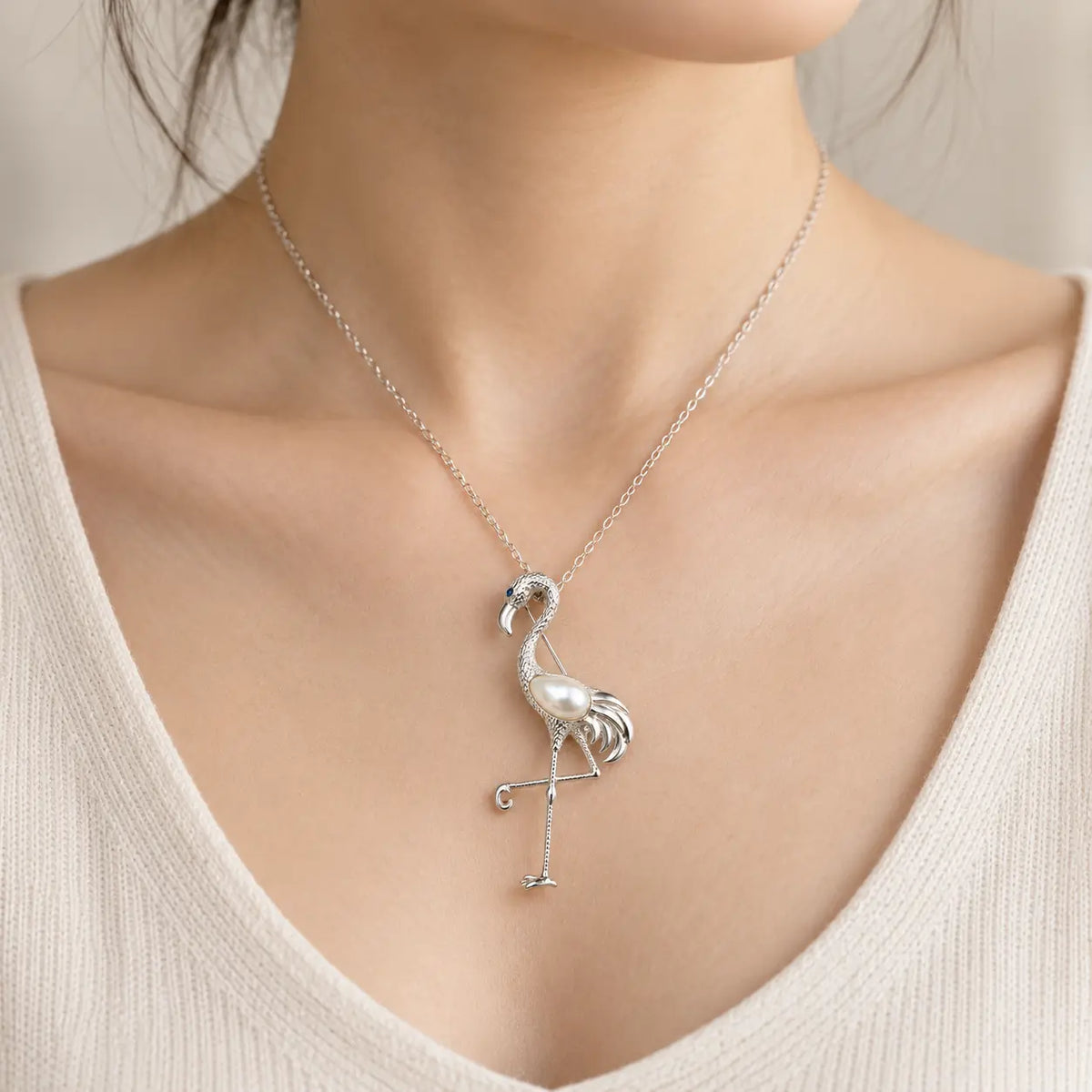 Pearl Flamingo Brooch Pendant in Sterling Silver