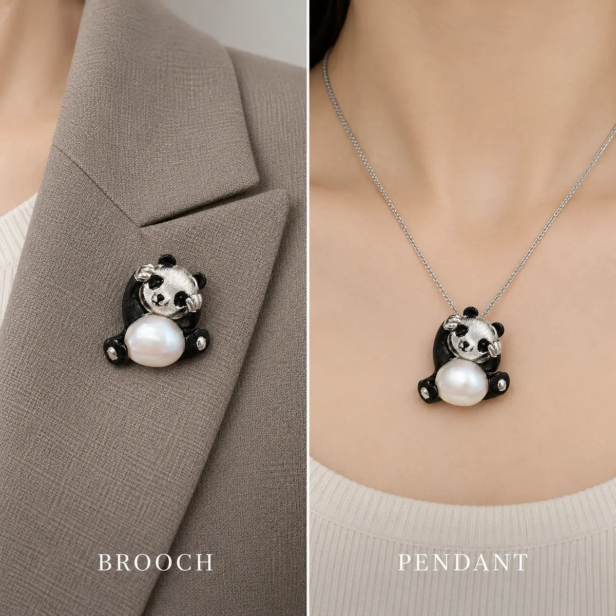Freshwater Pearl Panda Brooch Pendant in Sterling Silver