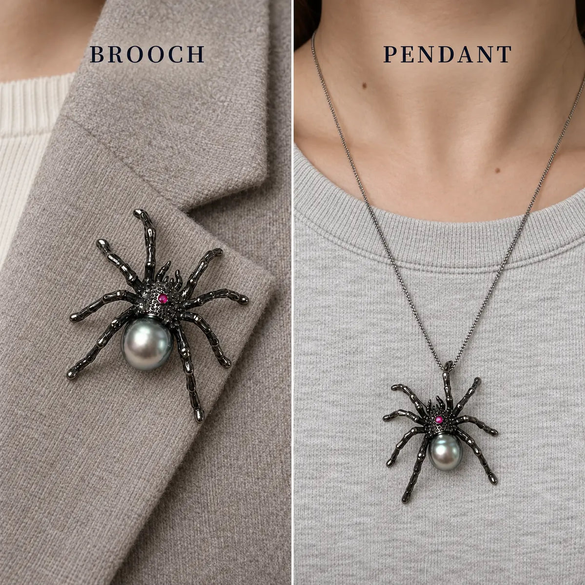 Black Pearl Spider Brooch Pendant in Sterling Silver