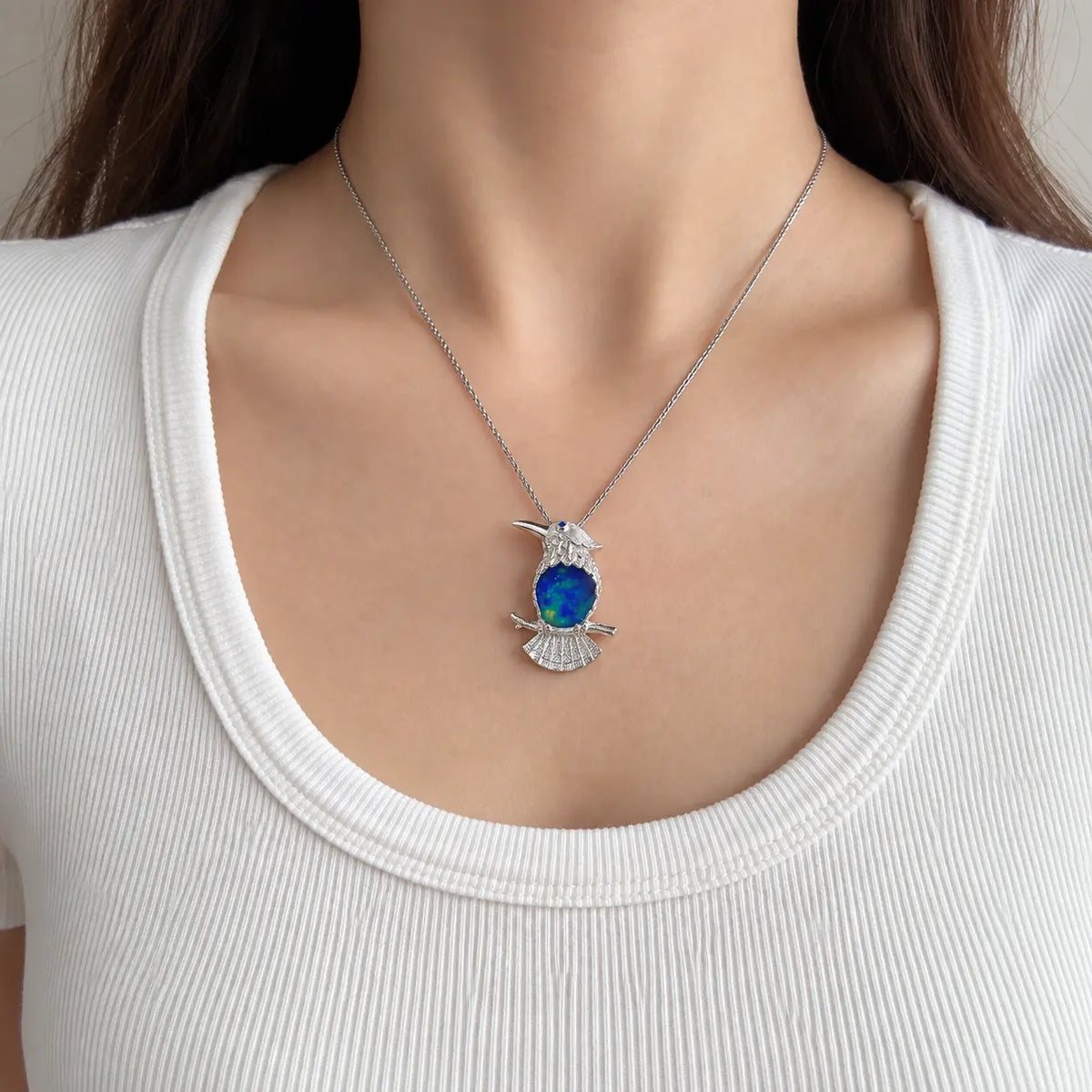 Blue Enamel Bird Brooch Pendant on Branch in Sterling Silver