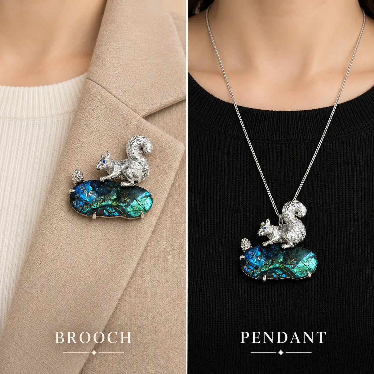 Foraging Squirrel Convertible Brooch Pendant with Labradorite
