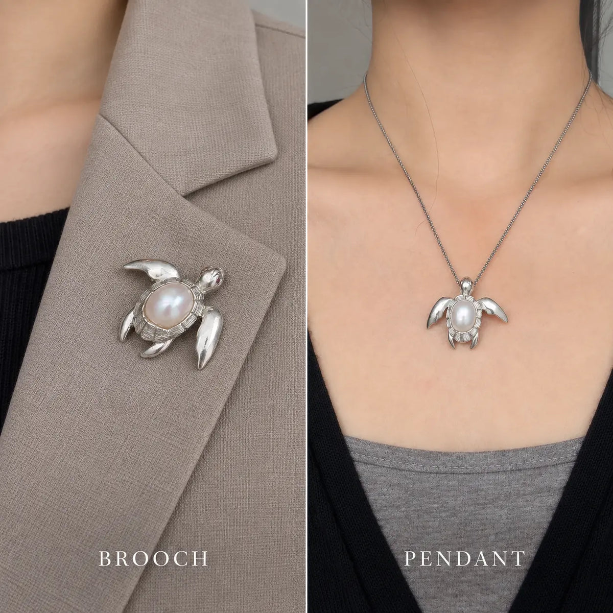 Baroque Pearl Sea Turtle Brooch Pendant in Sterling Silver