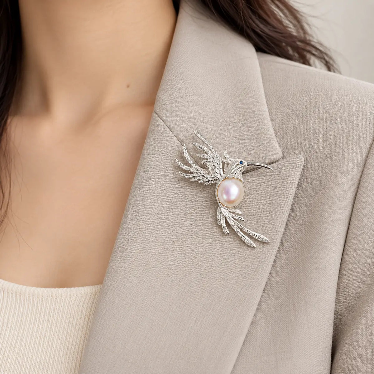 Fluttering Hummingbird Convertible Brooch Pendant with Freshwater Pearl