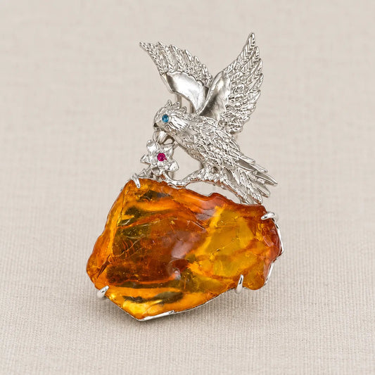 Flying Bird Brooch Pendant with Natural Amber