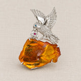 Flying Bird Brooch Pendant with Natural Amber