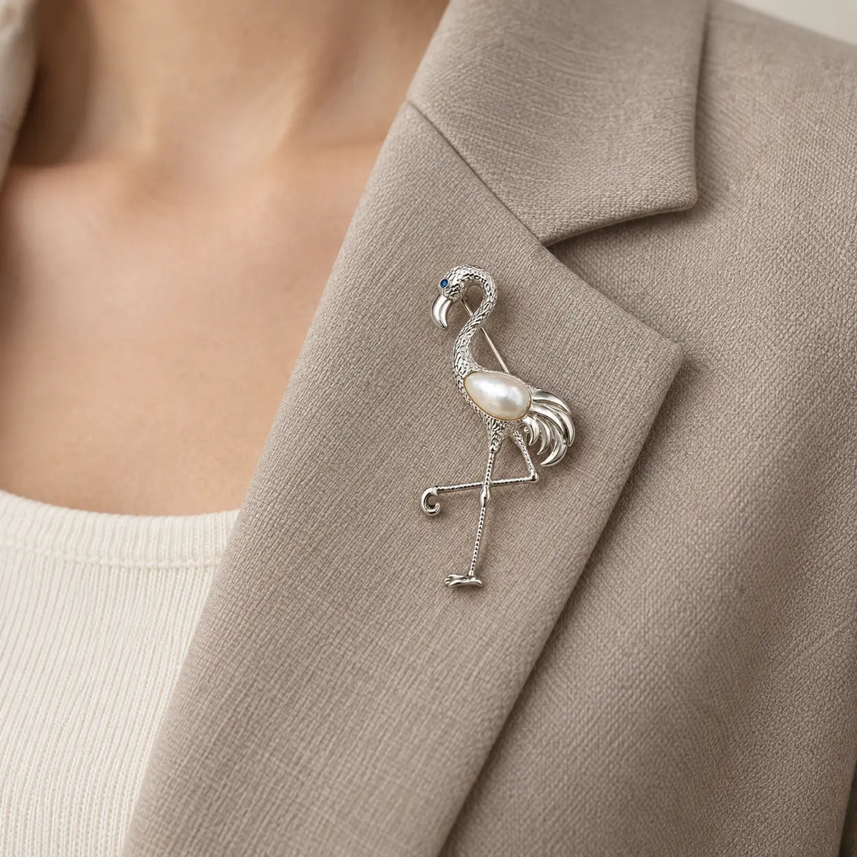 Pearl Flamingo Brooch Pendant in Sterling Silver