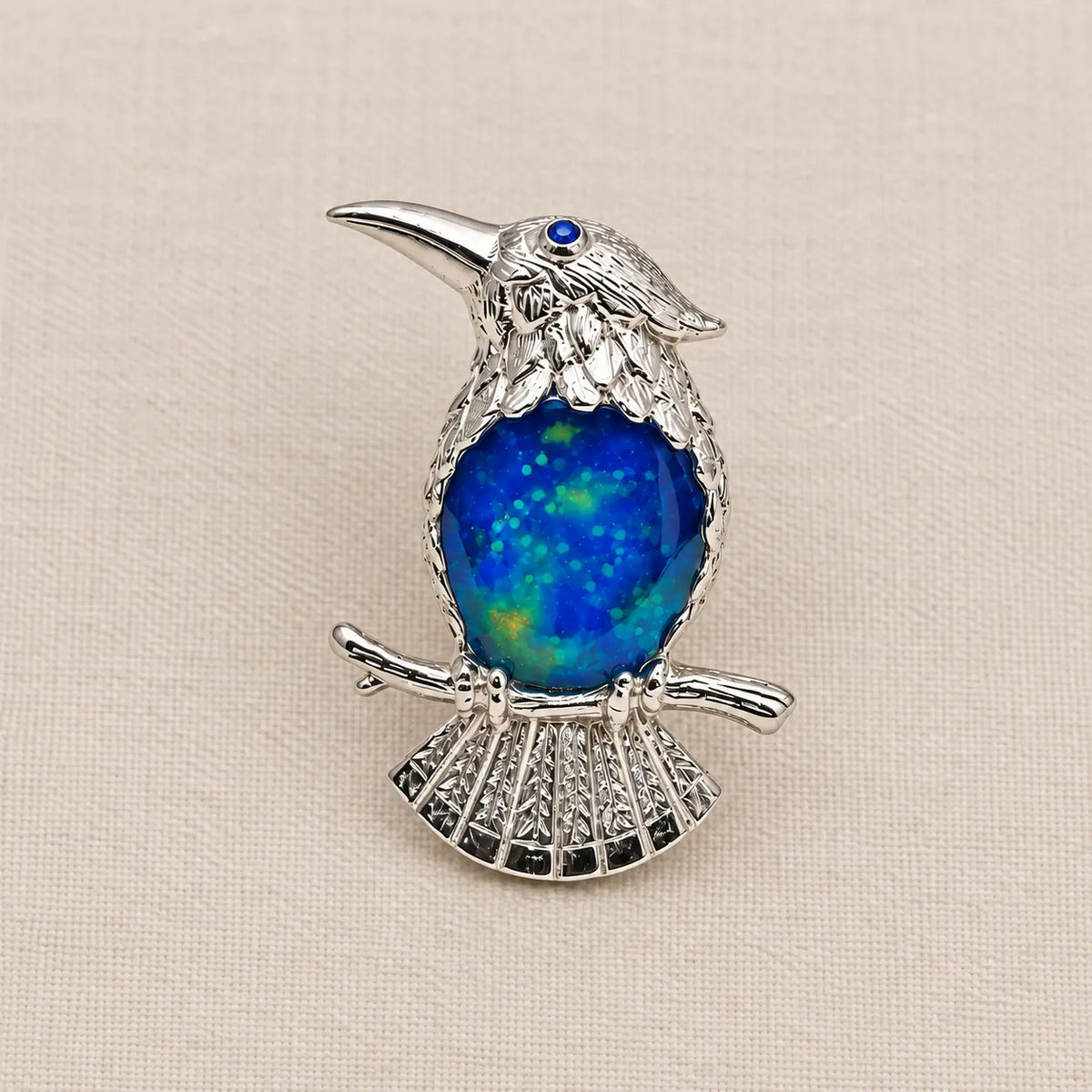 Blue Enamel Bird Brooch Pendant on Branch in Sterling Silver