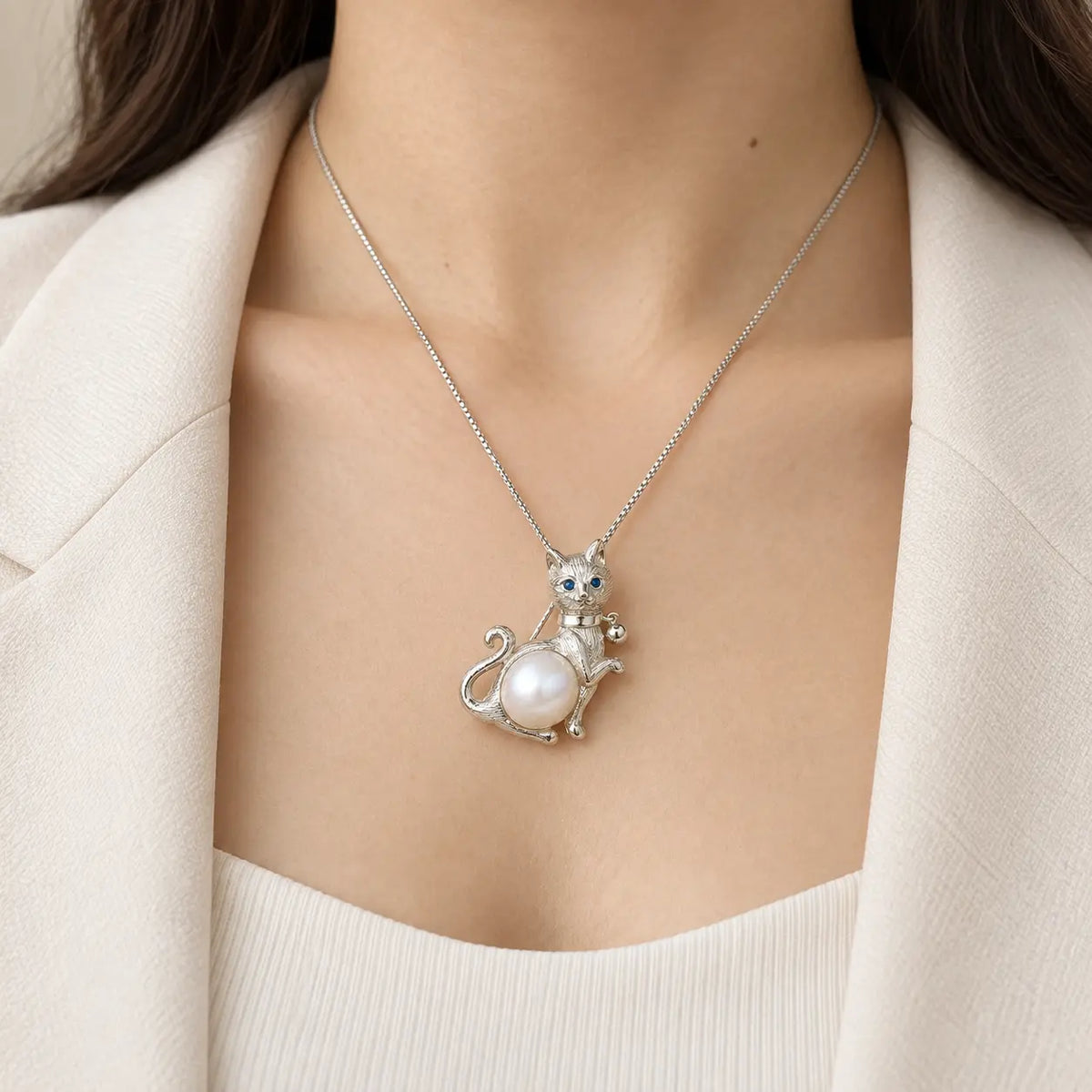 Paw-Raised Cat Convertible Brooch Pendant with Freshwater Pearl Belly