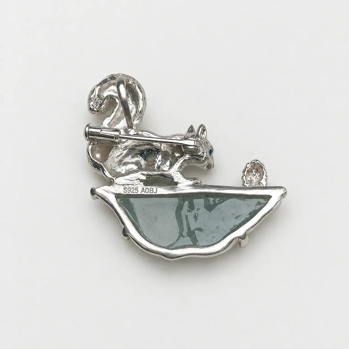 Natural Jadeite Squirrel Brooch Pendant in Sterling Silver