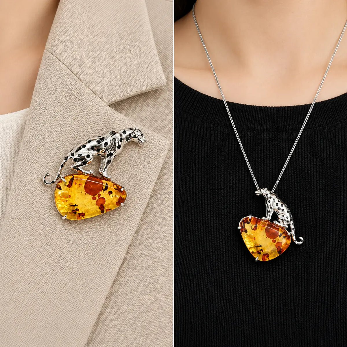 Natural Amber Leopard Brooch Pendant in Sterling Silver