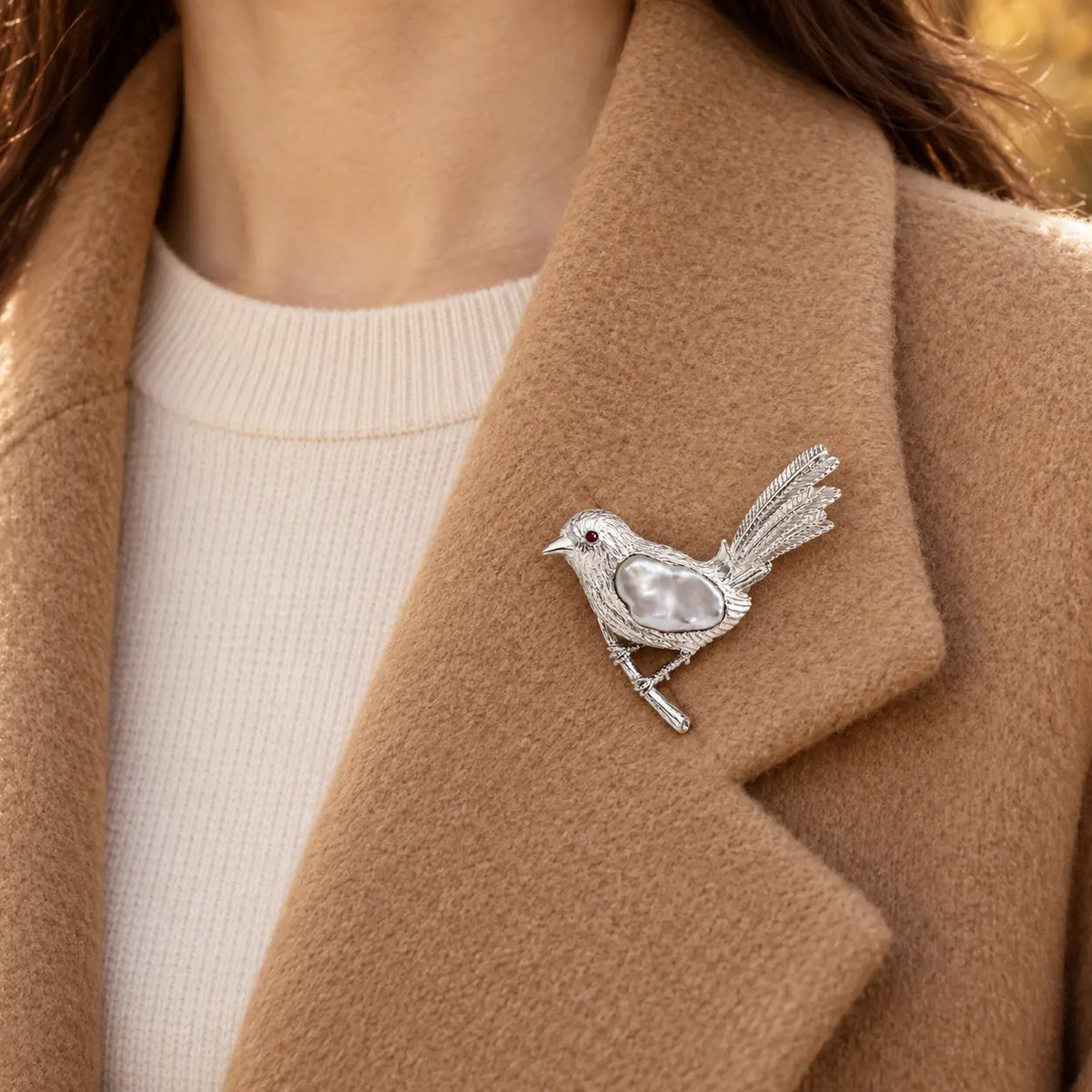 Perched Songbird Brooch with Baroque Pearl
