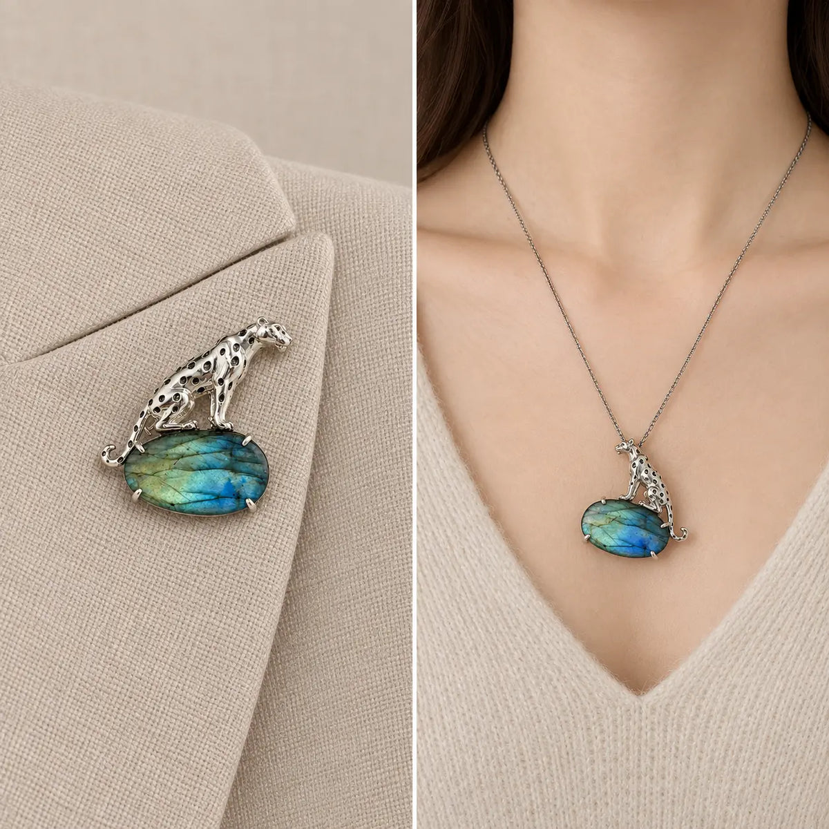 Labradorite Leopard Brooch Pendant in Sterling Silver