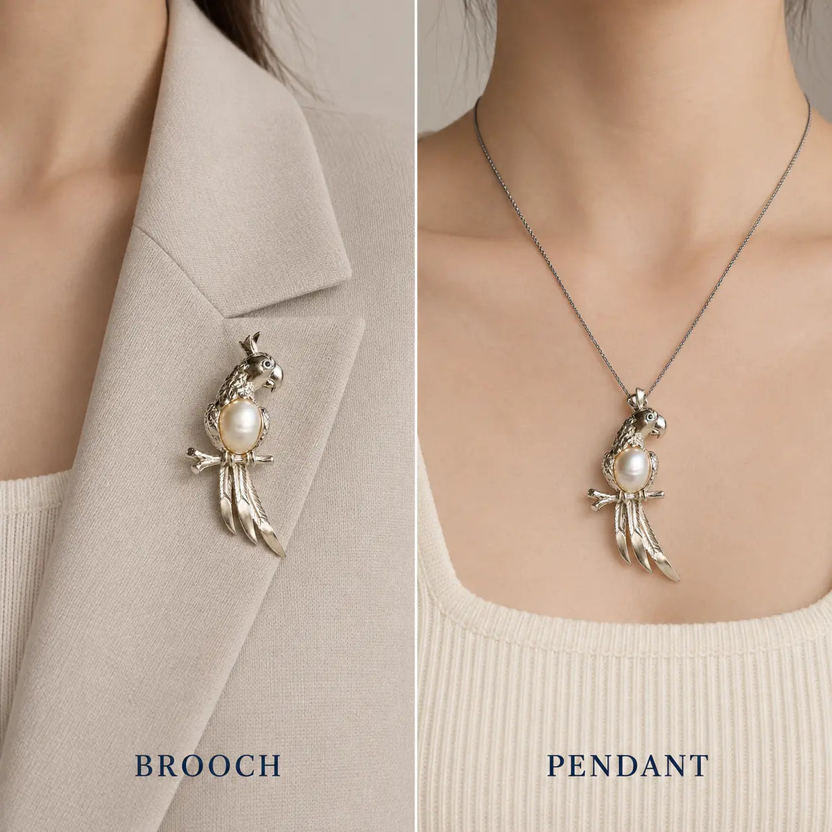 Freshwater Pearl Parrot Brooch Pendant in Sterling Silver