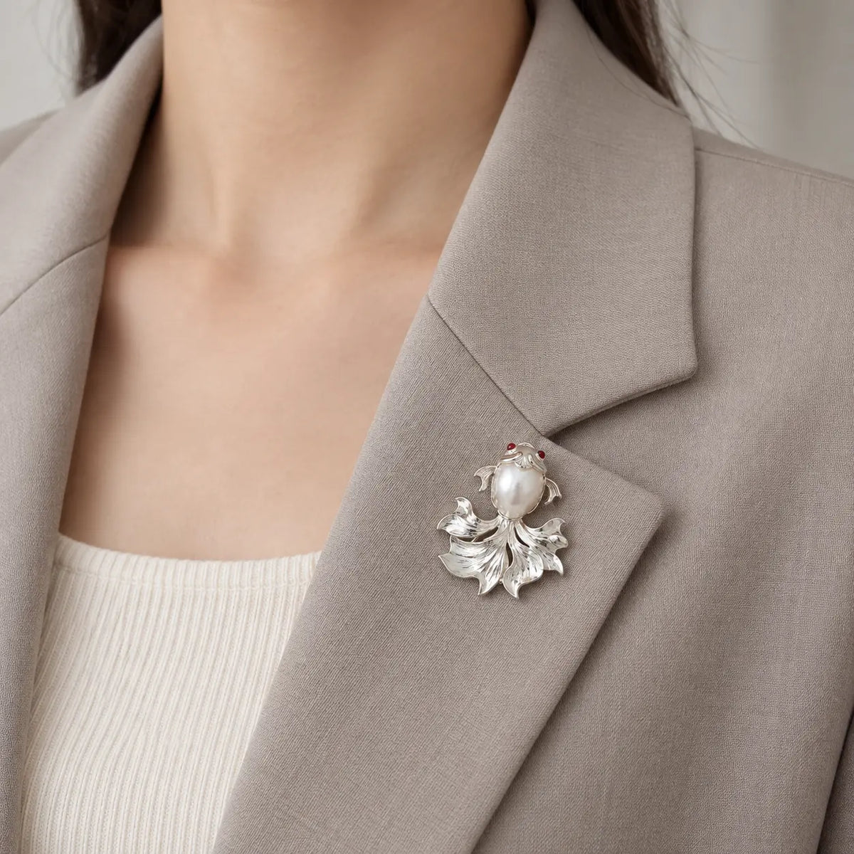 Baroque Pearl Goldfish Brooch Pendant in Sterling Silver