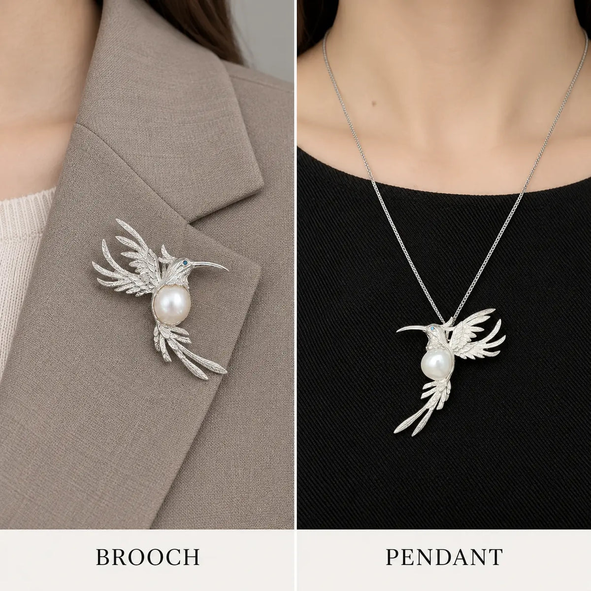 Fluttering Hummingbird Convertible Brooch Pendant with Freshwater Pearl
