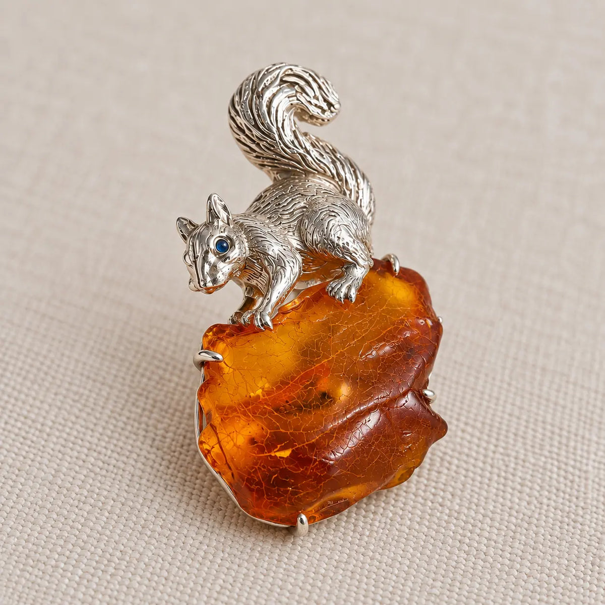 Amber Squirrel Brooch Pendant in Sterling Silver