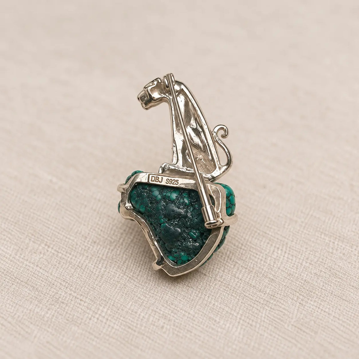 Natural Turquoise Leopard Brooch Pendant in Sterling Silver