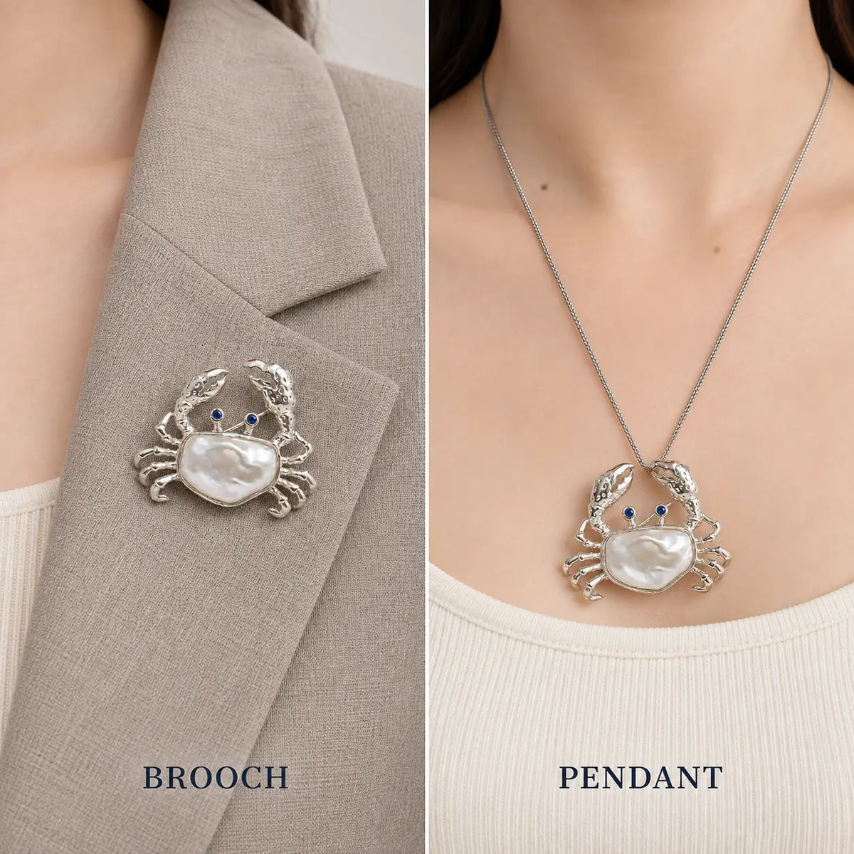 Baroque Pearl Crab Brooch Pendant in Sterling Silver