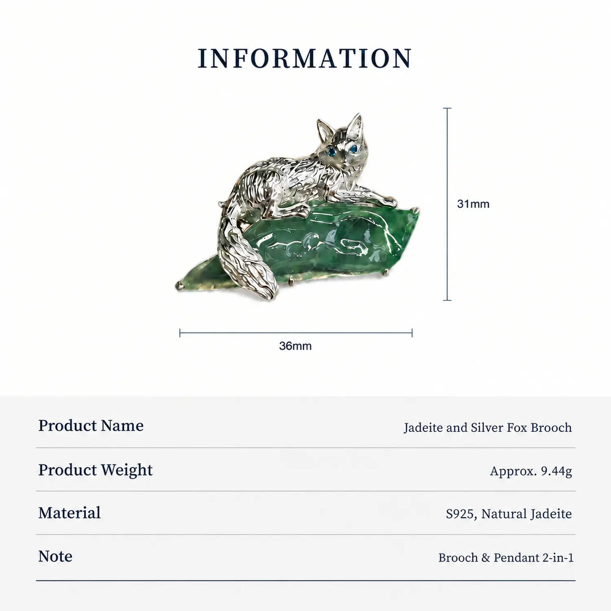 Watchful Fox Convertible Brooch Pendant with Natural Green Jadeite