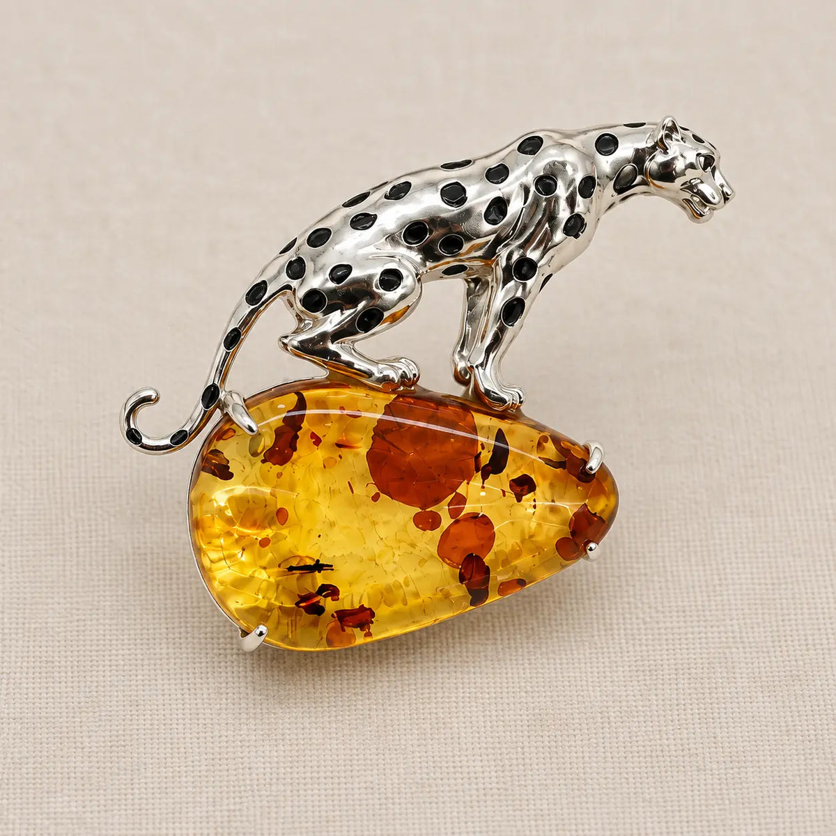 Natural Amber Leopard Brooch Pendant in Sterling Silver