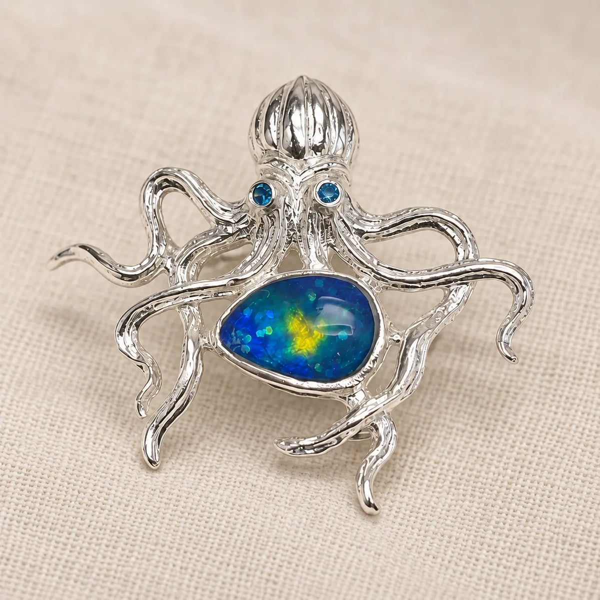 Blue-Green Enamel Octopus Brooch Pendant in Sterling Silver