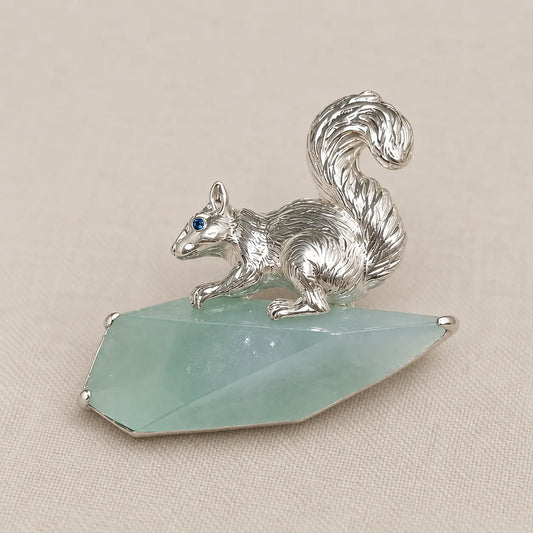 Natural Jadeite Squirrel Brooch Pendant in Sterling Silver