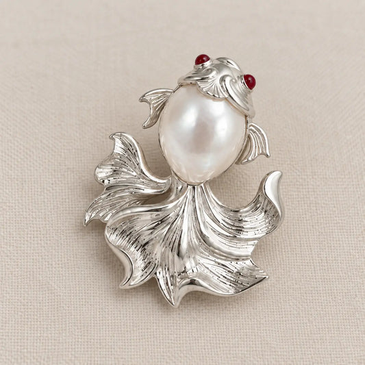 Baroque Pearl Goldfish Brooch Pendant in Sterling Silver