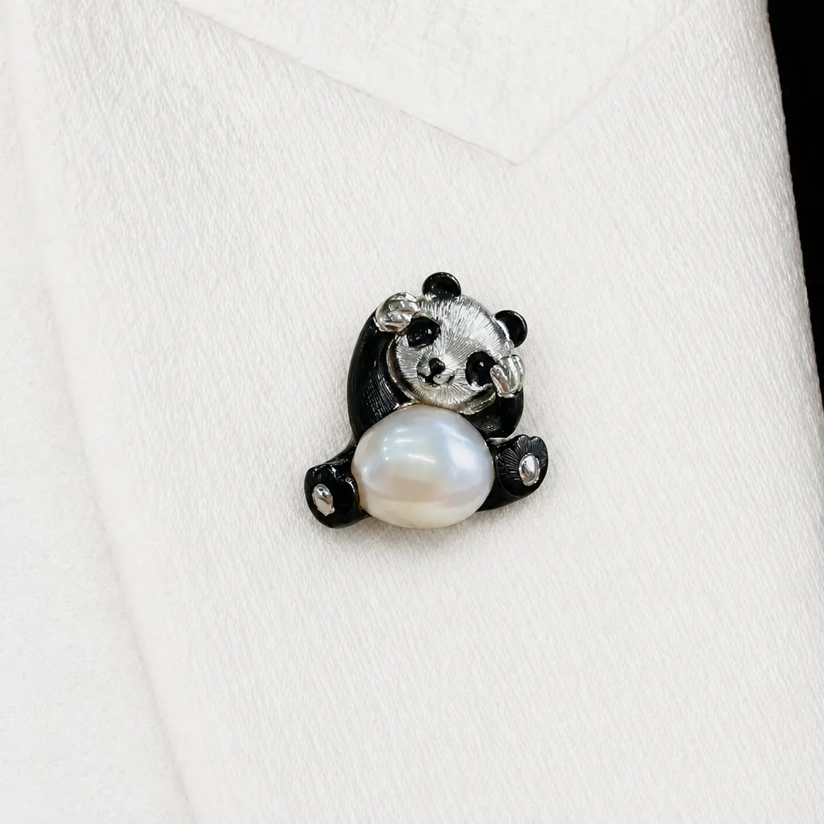 2-in-1 playful panda silver brooch and pendant styled on fabric