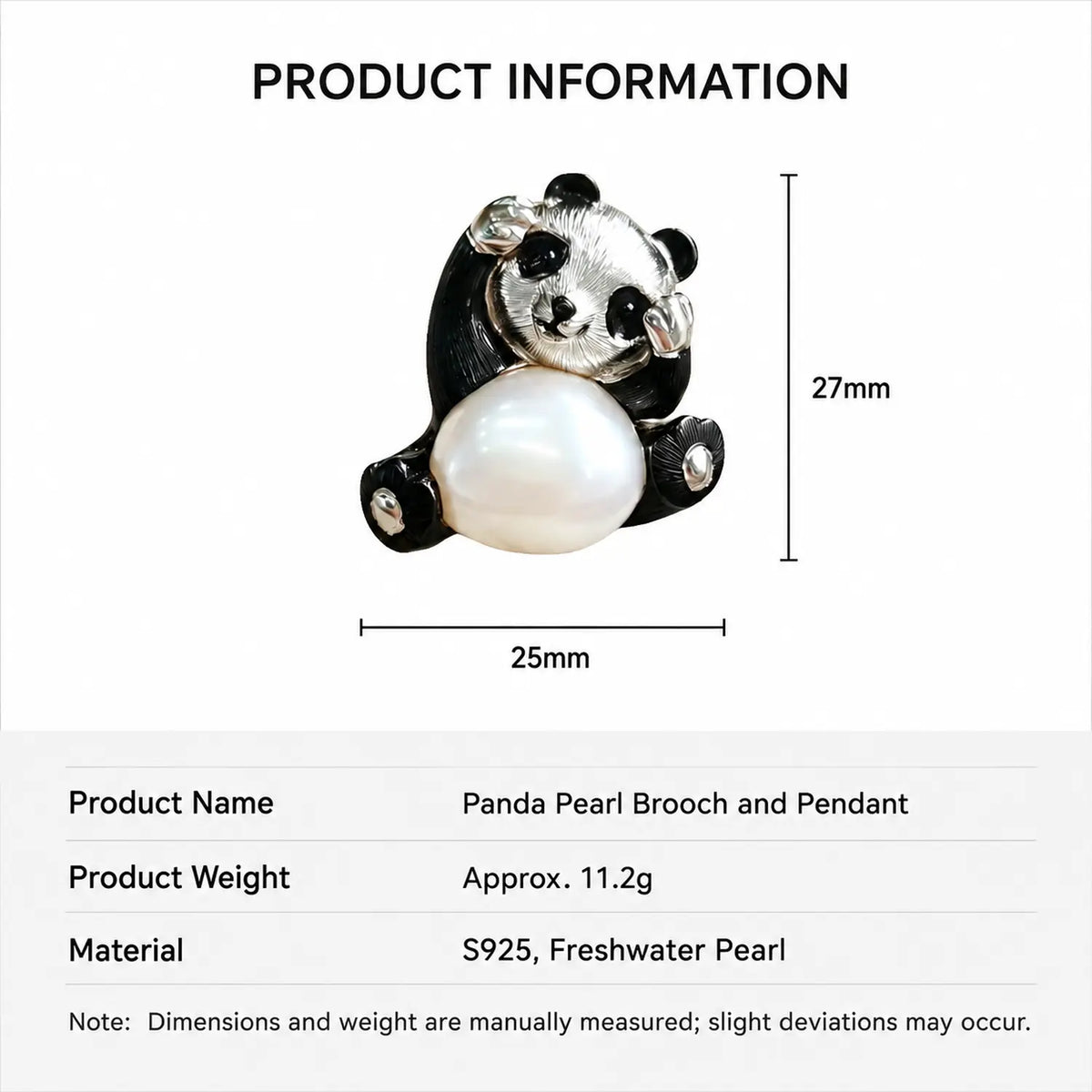 Product information chart: S925 baroque pearl belly playful panda brooch — size, weight, materials