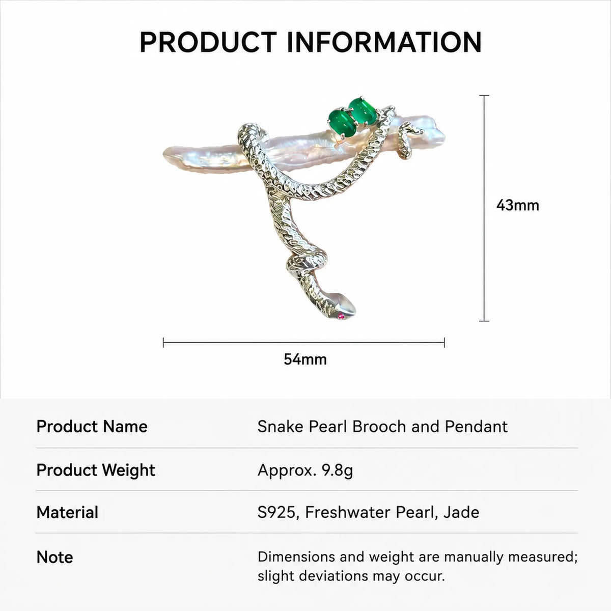 Product information chart: S925 baroque pearl coiling snake brooch — size, weight, materials