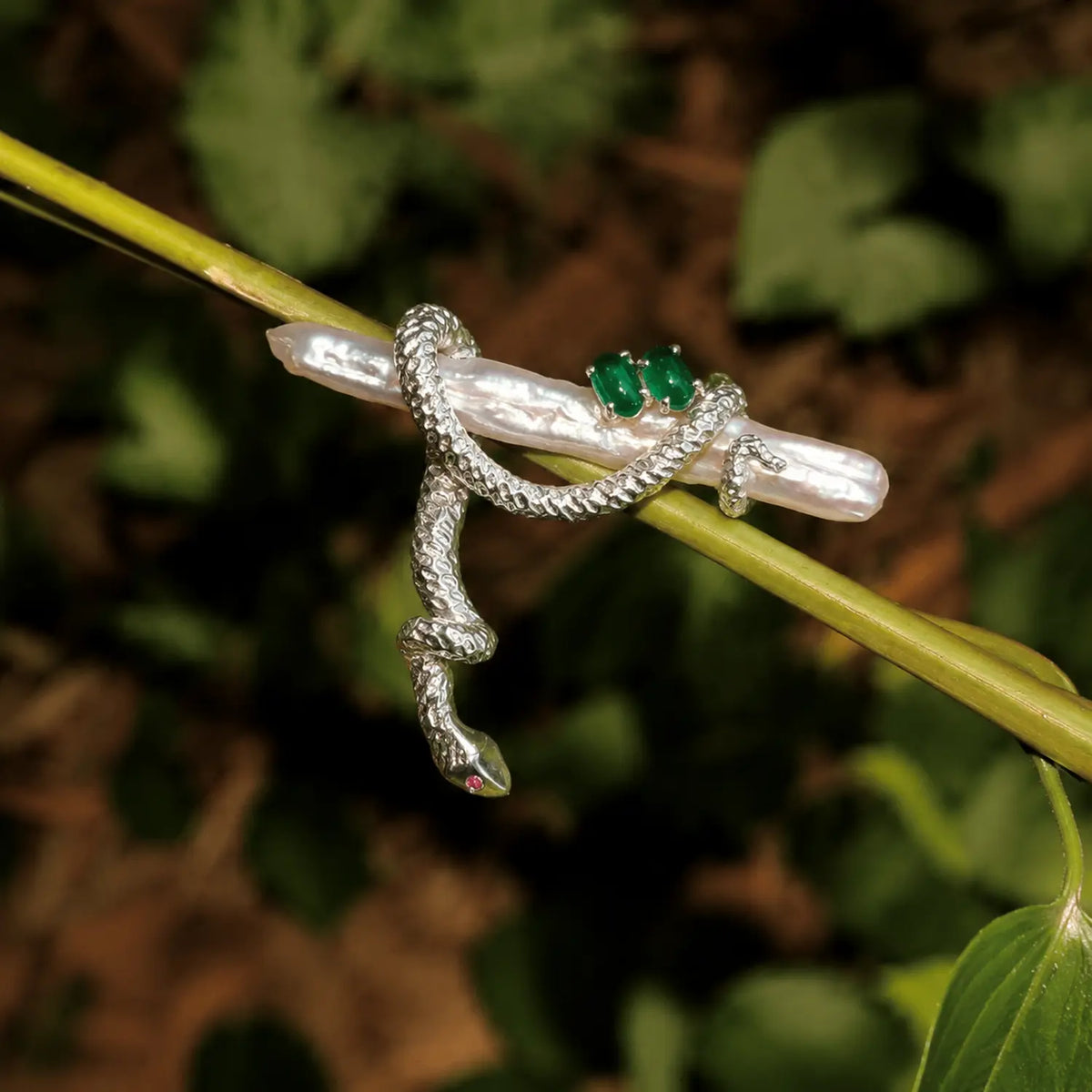 Freshwater Pearl Snake Brooch with Jade Accents