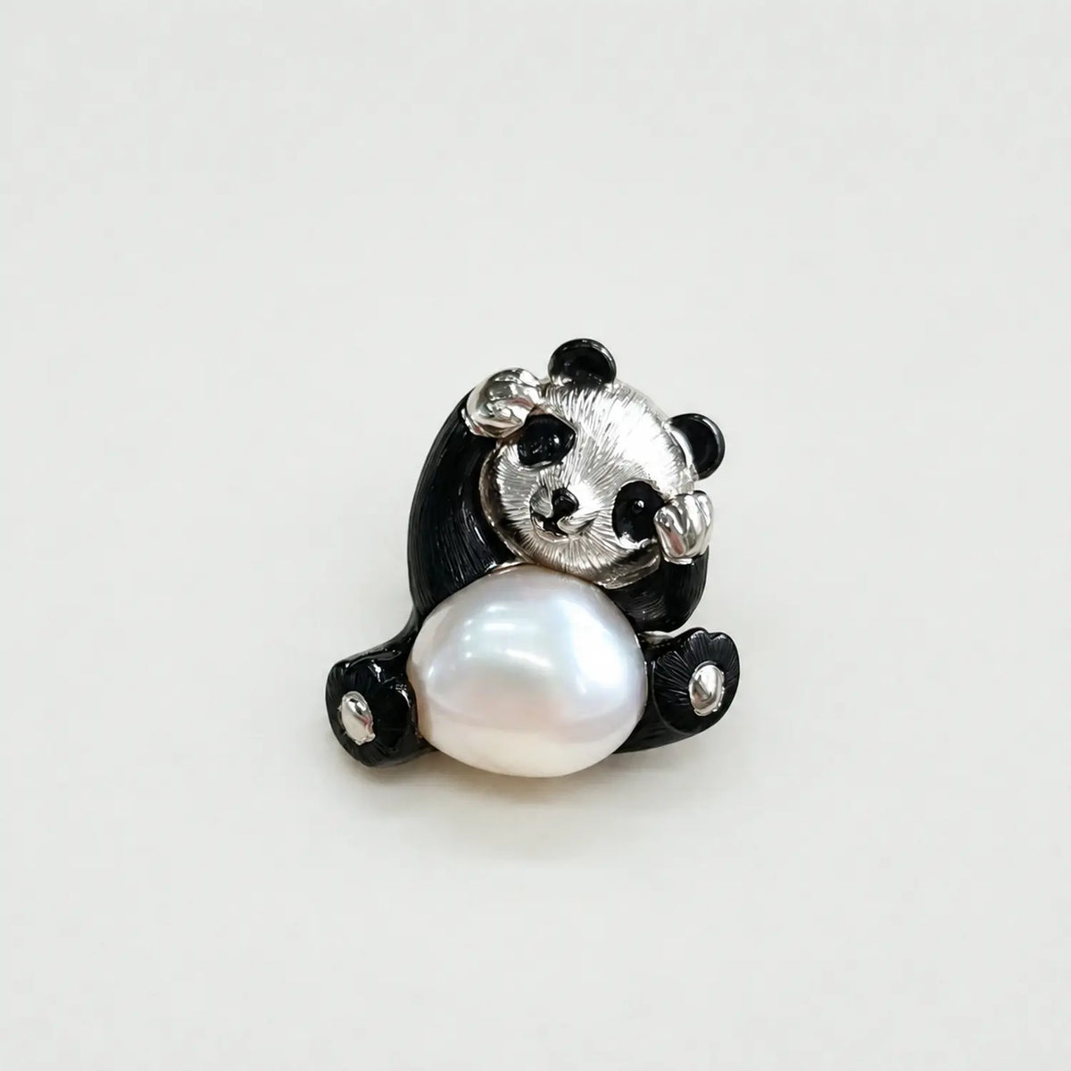 Handmade silver playful panda brooch — S925 sterling silver jewelry product photo