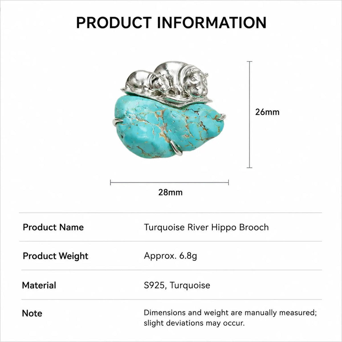 Product information chart: S925 natural turquoise mother & calf hippo brooch — size, weight, materials