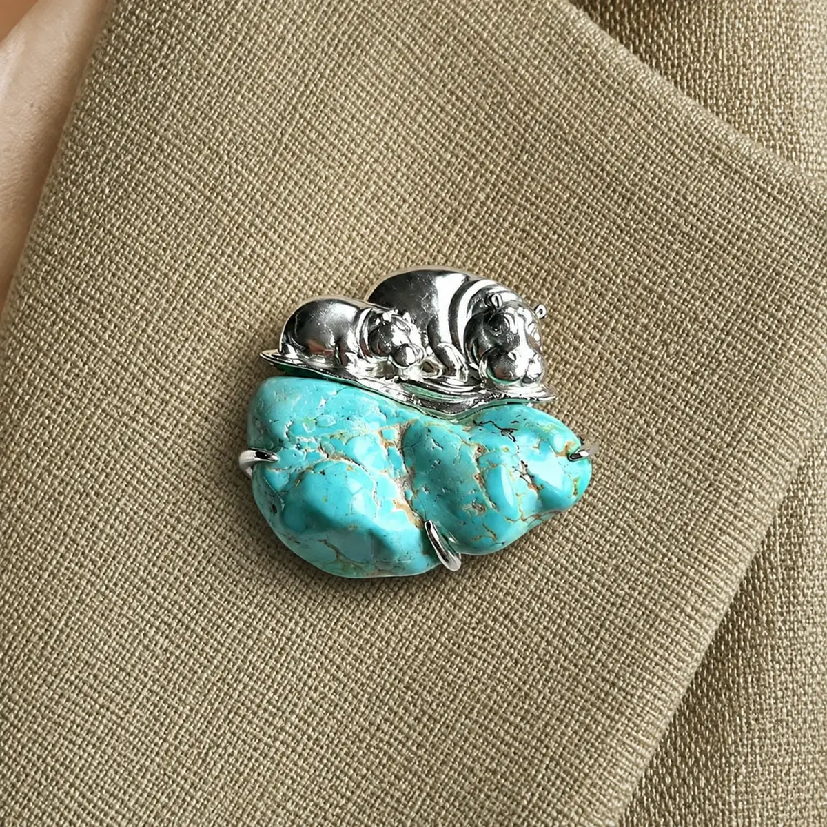 Unique natural turquoise mother & calf hippo brooch for women — artisan styling detail