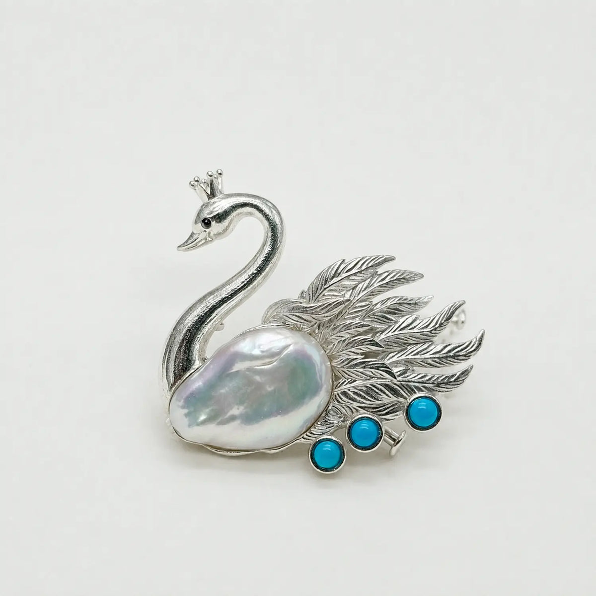 Handmade silver crowned swan brooch — S925 sterling silver jewelry product photo