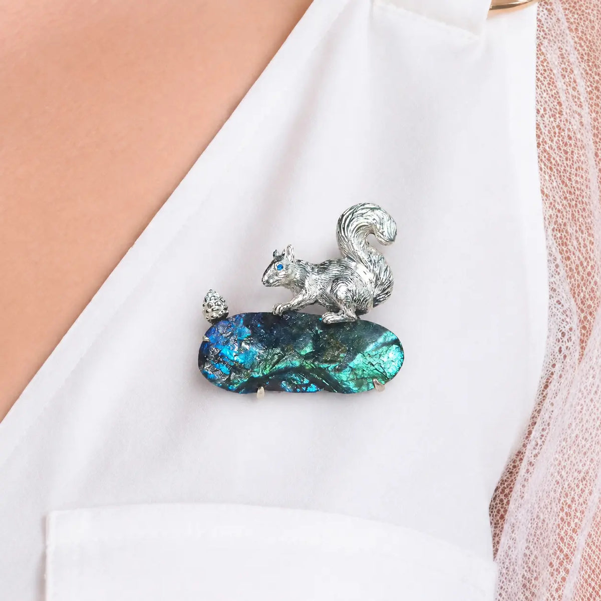 Foraging Squirrel Convertible Brooch Pendant with Labradorite