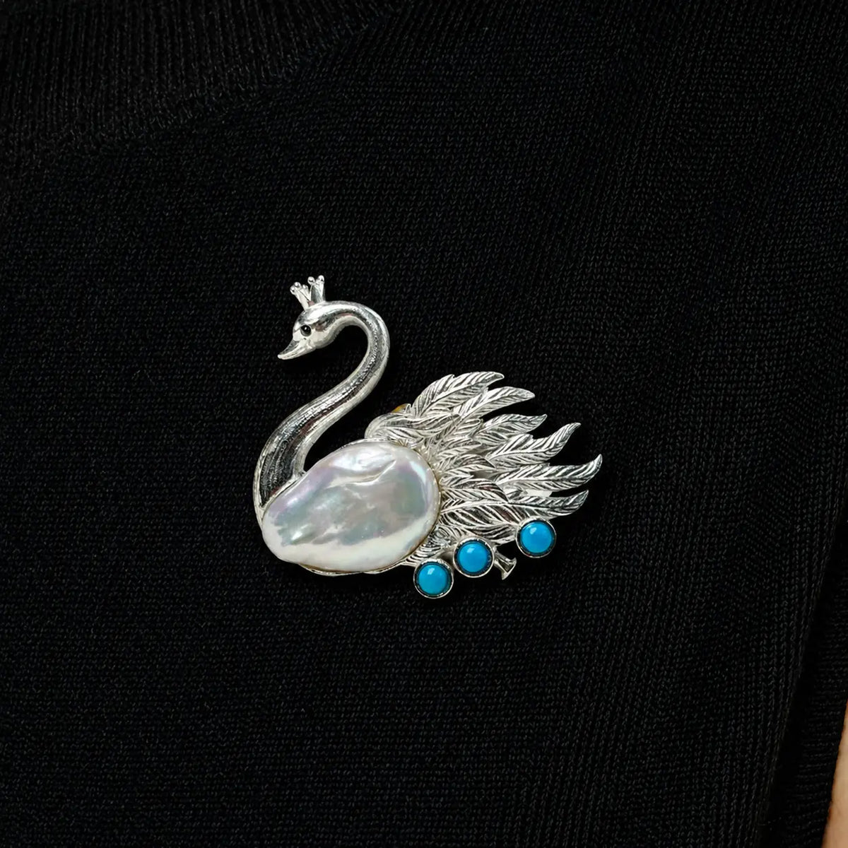 Crowned Swan Brooch with Baroque Pearl