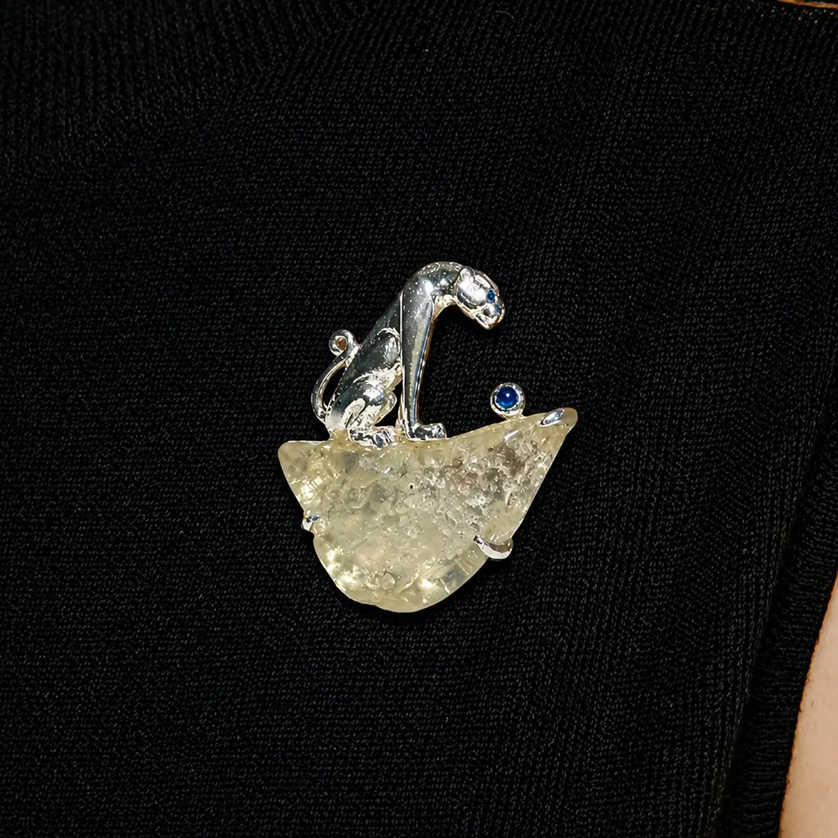 Unique desert glass curled leopard brooch for women — artisan styling detail