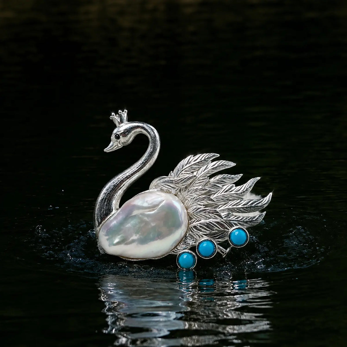 Artisan silver crowned swan brooch — handmade jewelry product image