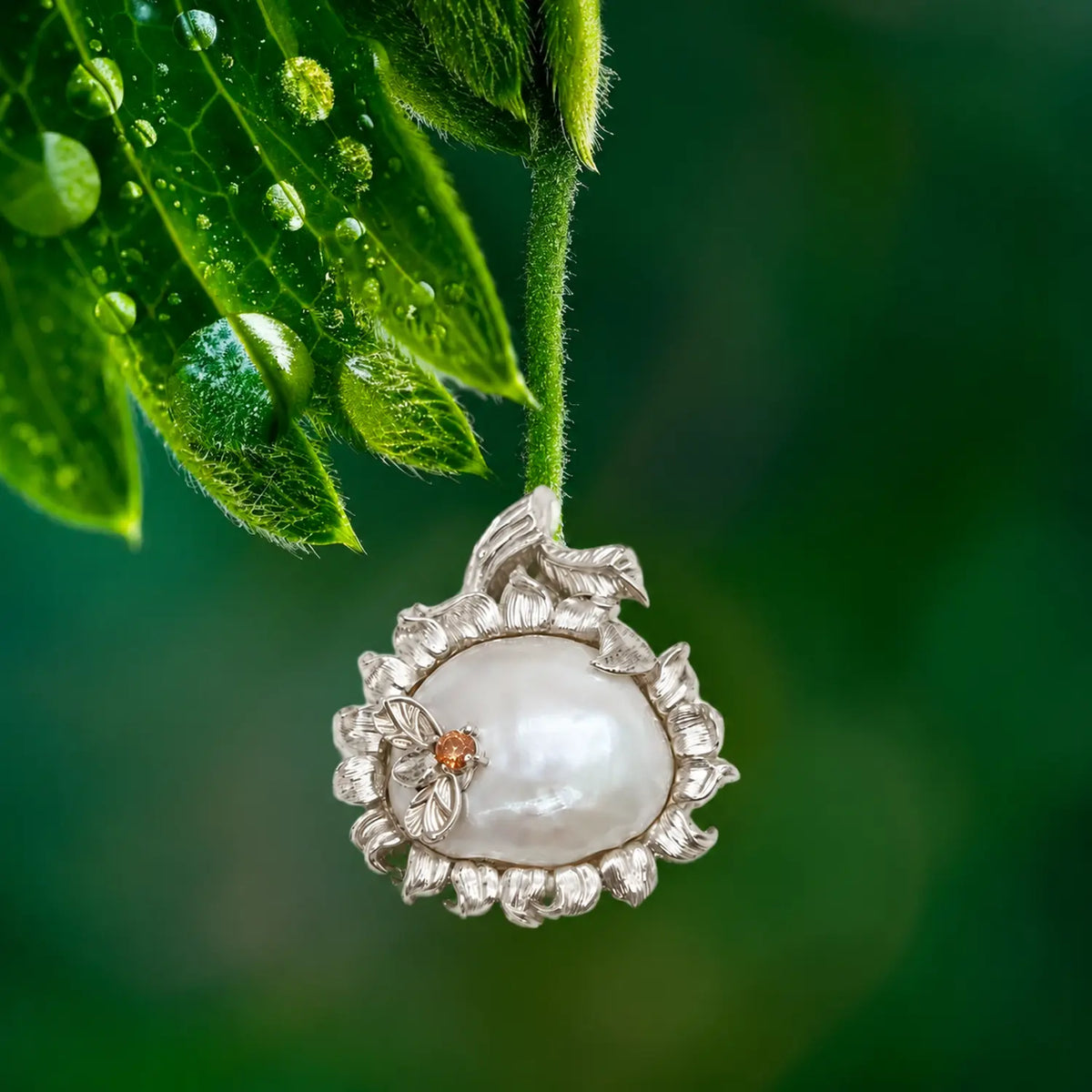 baroque pearl radiant sunflower silver brooch in a nature-inspired styling photo