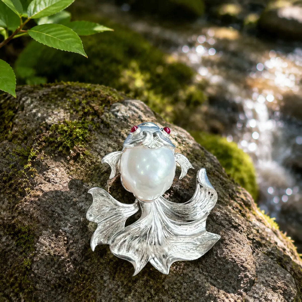 baroque pearl fan-tail goldfish silver brooch in a nature-inspired styling photo