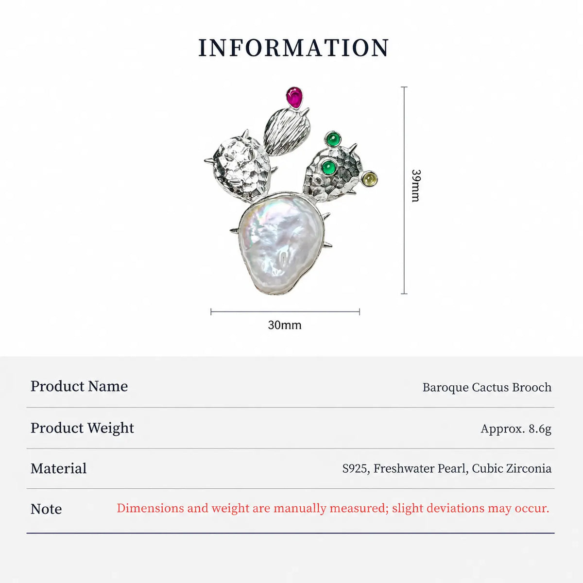 Product information chart: S925 baroque pearl blooming cactus brooch — size, weight, materials