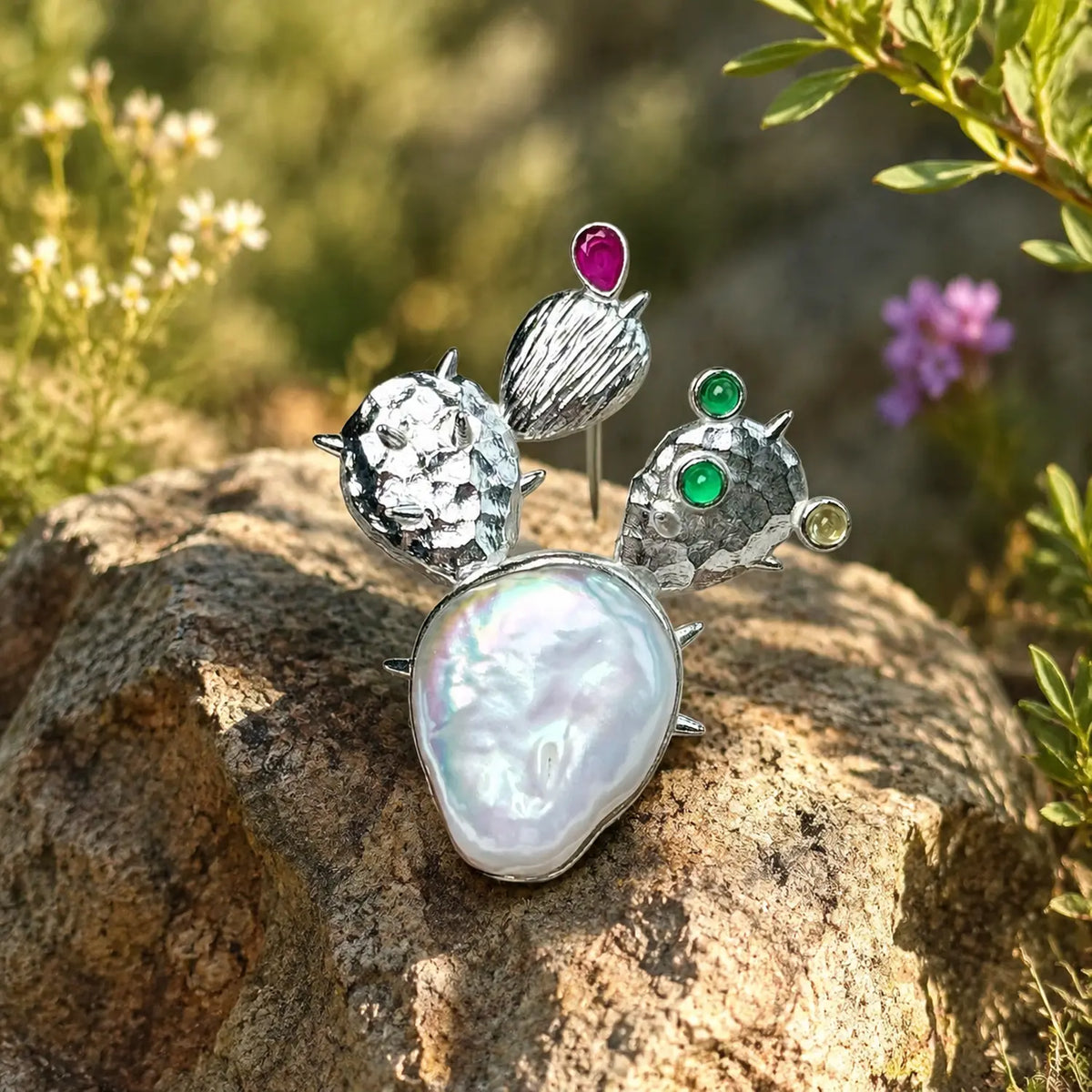 baroque pearl blooming cactus silver brooch in a nature-inspired styling photo