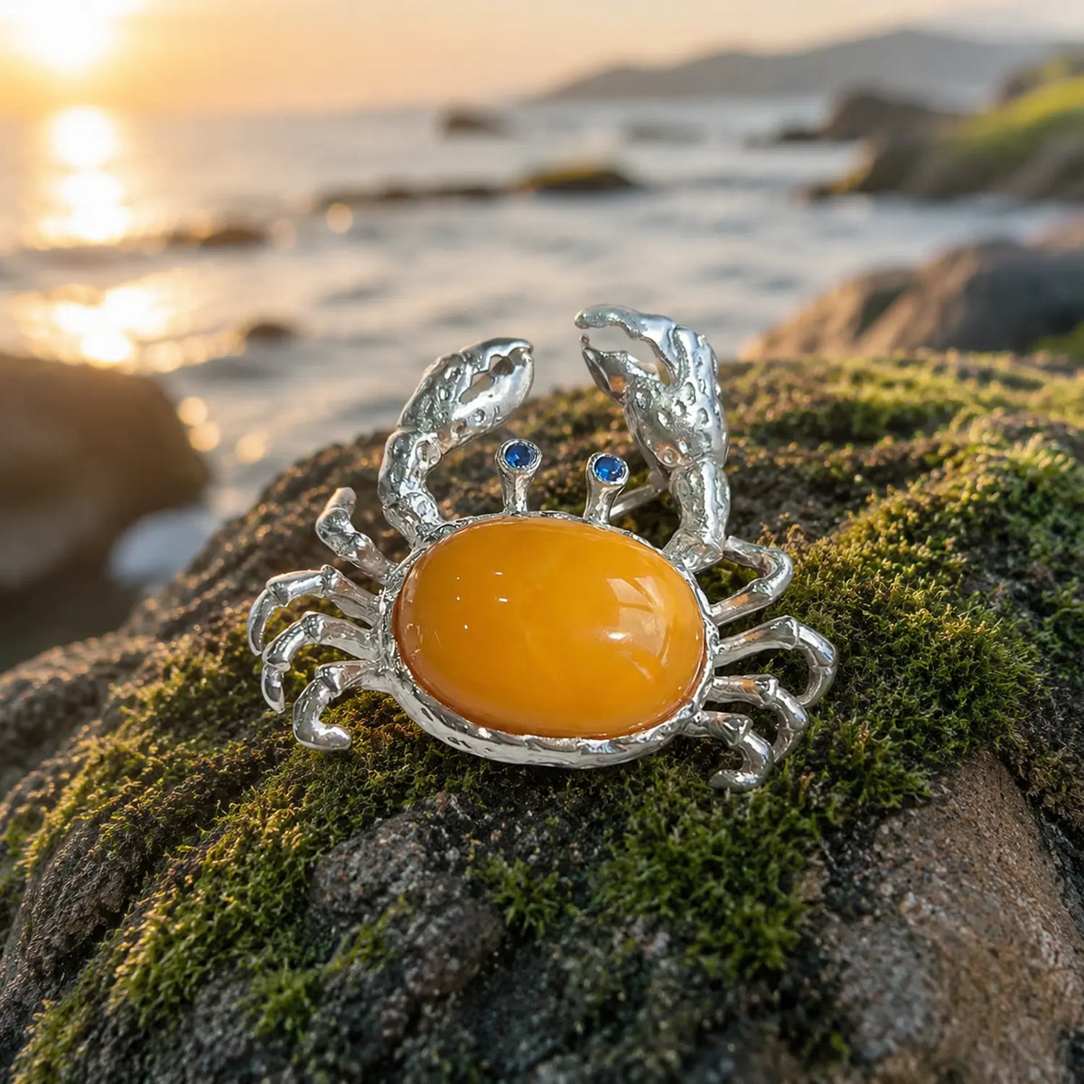 Natural stone brooch with natural amber — raised-claw crab silver brooch styling photo