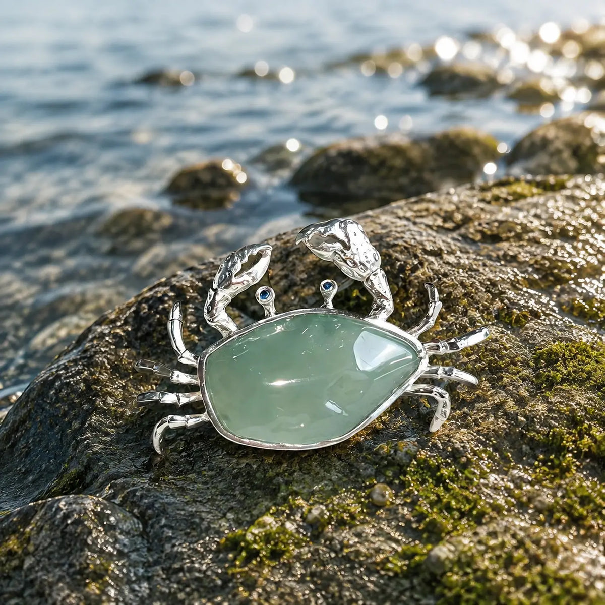 Natural stone brooch with natural jadeite — spread-claw crab silver brooch styling photo